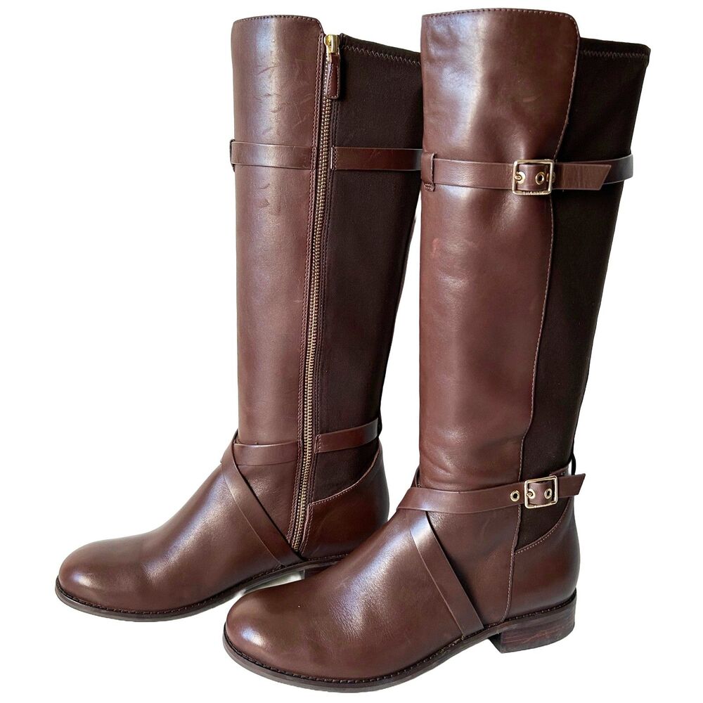 Cole Haan Riding Boots Women's 7.5 Knee High Brown Leather - Fabric Panel